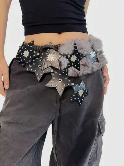 Goth 1pc Black Y2K Baddie Retro Pentagram Rivet & Patchwork Fuzzy Design Decorative Waist Belt, Fashion Versatile Minimalist Wild Style Waist Belt For Women, Suitable For Party, Date, Travel, Halloween, Christmas And More