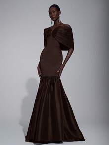 Elitara 优雅、浪漫、性感、时尚、深紫色、缎面弹力面料、鱼尾裙、拖尾、露背、时尚、网红、节日、度假、生日派对、婚礼活动、正式晚礼服 - 咖啡棕 - 查看 1