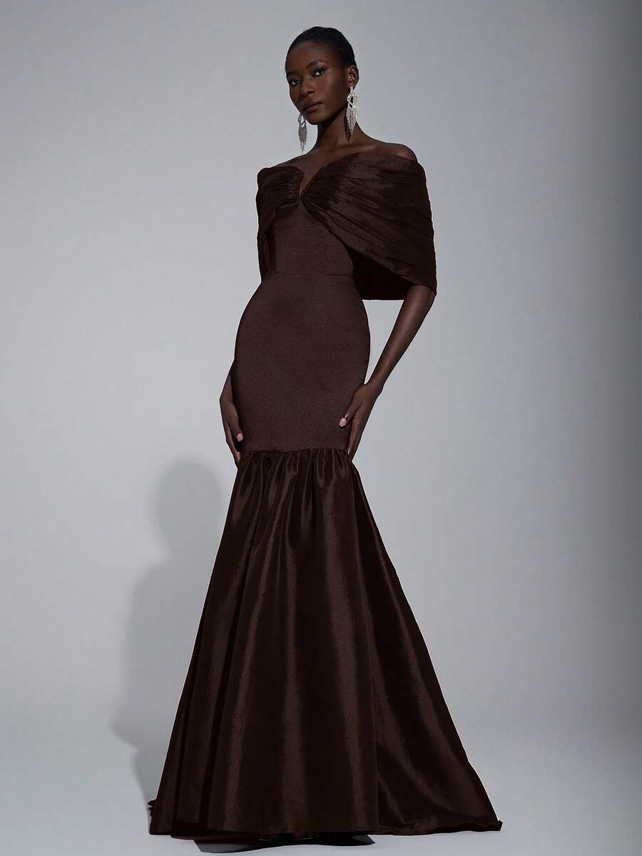 Elitara 优雅、浪漫、性感、时尚、深紫色、缎面弹力面料、鱼尾裙、拖尾、露背、时尚、网红、节日、度假、生日派对、婚礼活动、正式晚礼服 - 咖啡棕 - 查看 1