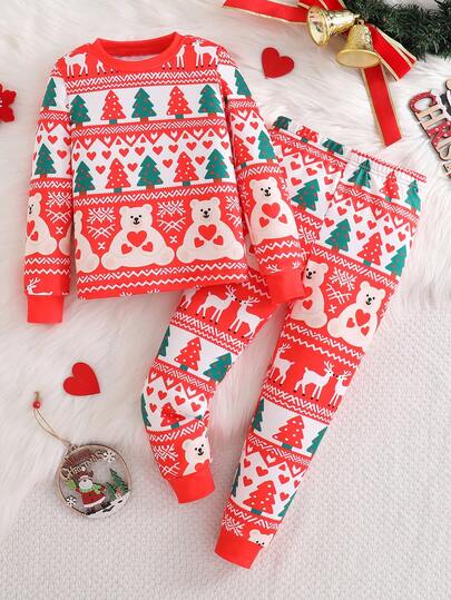 Young Girl' Avocado Print Long Sleeve Tights & Pants 2pcs Set, Comfortable Soft Fabric, Suitable For Children's Casual Wear Christmas Pajamas Snug Fit