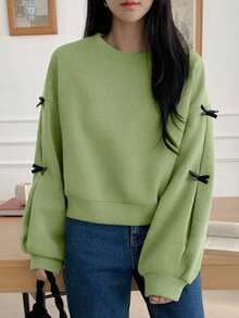 DAZY 撞色蝴蝶结装饰圆领宽松女式运动衫 - 綠色 - 查看 4