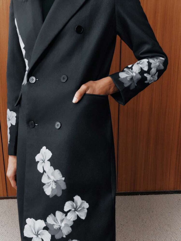 Women's Long Lapel Printed High-End Retro Fashionable Overcoat, Suitable For Autumn, Fall, Winter, Going Out, Elegant, Formal, Party, Chic, New Year, Women's Winter Coat, Christmas, Work, Graduation, Wedding