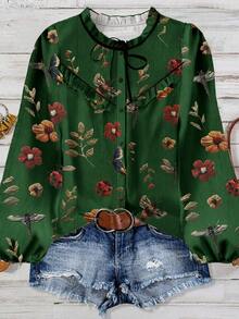 Linhara Large-Sized Elegant Summer Vacation Shirt - Army Green - View 1