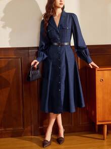 Vintamour Robe vintage classique élégante pour femme, robe à col rabattu ajustée avec poches utilitaires, manches longues, bleue