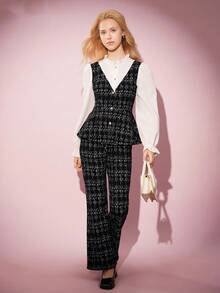 少女时尚优雅撞色格子V领衬衫套装 - 棕色 - 查看 1