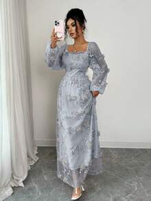 Elenzga Women's Elegant Vintage Charming Princess Gentle Lady Mesh Long Sleeve Square Collar Waist Gathered A-Line Flared Hem Solid Color 3D Floral Embroidered Mesh Dress - Grey - View 5