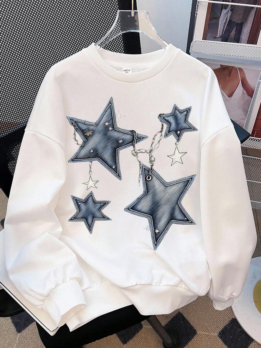 SHEIN Fashionable Star Print, Casual & Simple Loose Thick Crew Neck Sweatshirt Suitable For Teen Girls In Autumn And Winter - White - View 1