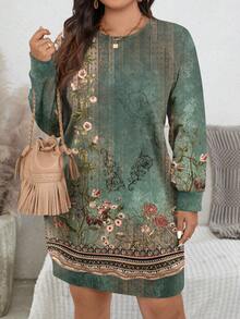 EMERY ROSE Casual Retro Elegant Floral Pattern Plus Size Sweatshirt, Autumn/Winter - Multicolor - View 5