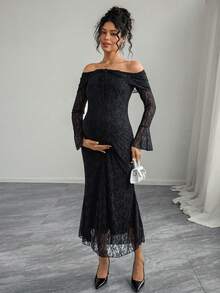 Momance Elegantes Umstandskleid mit Off-Shoulder, Langarm, Bindedetail und schwarzer Spitze - Schwarz - Übersicht 2