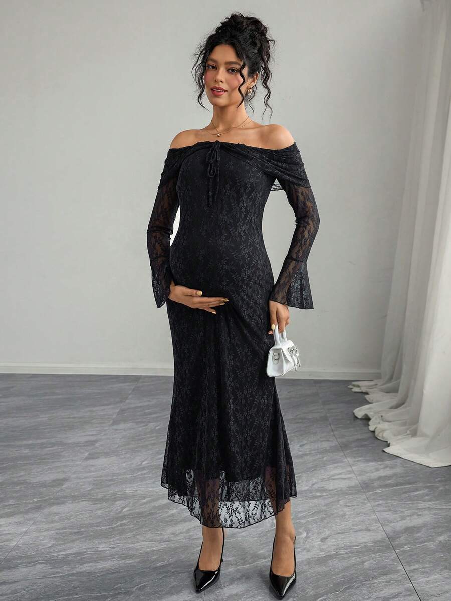 Momance Elegantes Umstandskleid mit Off-Shoulder, Langarm, Bindedetail und schwarzer Spitze