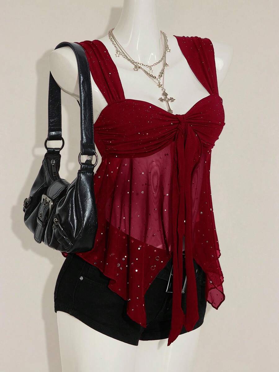 SHEIN ICON 女式闪亮面料不对称网眼下摆背心 - 酒紅色 - 查看 1