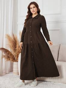 Lacomfia 大码女式纯色简约长袖针织连衣裙 - 棕色 - 查看 5