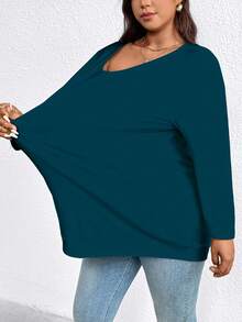 EMERY ROSE 大码女式纯色简约圆领长袖T恤 - 水鴨藍 - 查看 5