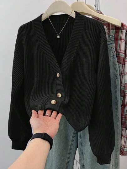 SHEIN Teen Girls' Solid V-Neck Cropped Casual Loose Drop Shoulder Long Sleeve Cardigan Sweater, Autumn