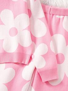 女童提花针织毛衣和紧身裤两件套，时尚款式，长袖，秋冬 - 粉色 - 查看 4