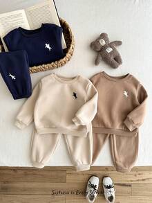 Cozy Pixies 6pcs Baby Boys Letter Pattern Knit Soft Crew Neck Long Sleeve Pullover Sweatshirt & Elastic Waist Pants Set, Thermal Lined Thick For Winter - Multicolor - View 9
