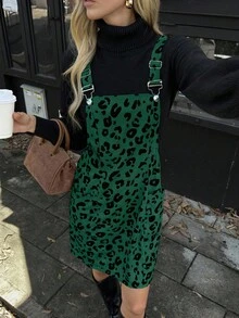 EMERY ROSE 女式豹纹口袋休闲可调节肩带套头连衣裙 - 綠色 - 查看 1