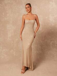 SHEIN X Scot Louie Lumalex Đầm dạ hội mùa thu đông đính đá lấp lánh ombre sang trọng kiểu nàng tiên cá với dây đeo mảnh, ôm sát và vạt đuôi cá dành cho nữ, là món đồ không thể thiếu cho các bữa tiệc. Đầm hở lưng kiểu nữ thần vàng óng ánh, thanh lịch, sang trọng, phong cách mới, thích hợp cho dạ hội, tiệc tùng, tiệc chiêu đãi, tiệc kín đáo, tiệc tùng sang trọng, lễ hội, đi chơi, nghỉ mát, tiệc ngoài trời, tiệc cưới nhiều lớp, tiệc ID Al-Adha, tiệc Al-Adha, đầm dạ hội năm mới màu sâm panh, đầm dạ hội trang trọng màu sâm panh, đầm dạ hội lộng lẫy, đầm dạ tiệc đính ngọc trai, đầm dự tiệc cho nữ, đầm ID Al-Adha, đầm dự tiệc. - Màu Khaki - Xem 5