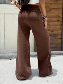 Muchica 女士休闲棕色阔腿针织裤，秋冬 - 棕色 - 查看 2