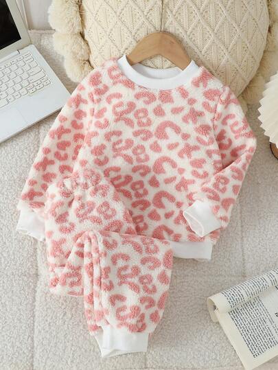 SHEIN Winter  2pcs/Set Young Girl' Comfortable Leopard Print Long Sleeve Top And Pants Pajama Set, Pink Fleece Winter Outfit,Young Girl Pajamas Fall&Winter Clothing