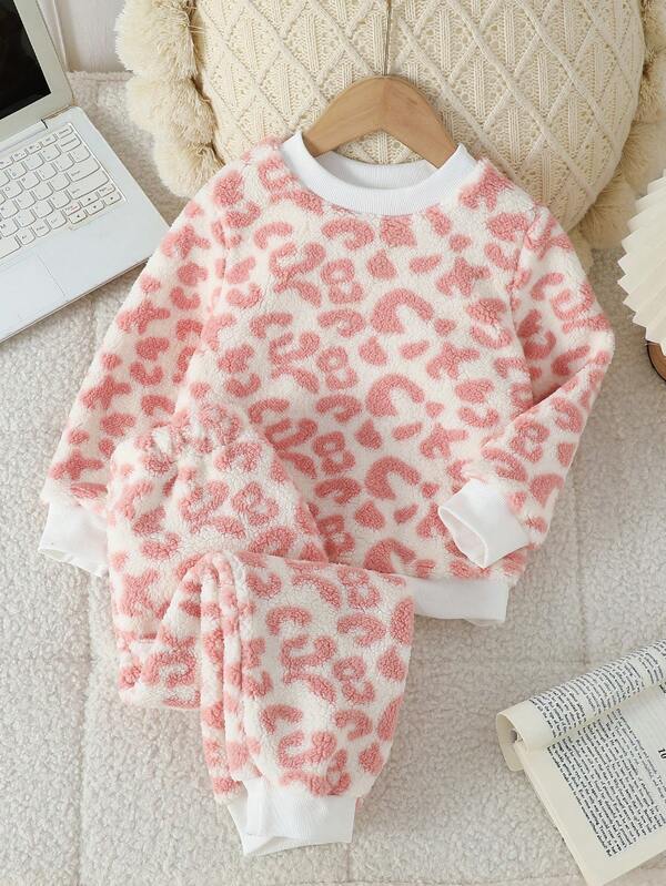 SHEIN 2 件套年轻女孩舒适豹纹长袖上衣和裤子睡衣套装，秋冬