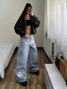 SHEIN Tall Women's Casual Washed Print Low Waist Wide Leg Jeans - Blue - View 6