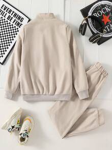 SHEIN طقم جاكيت وبنطلون كاجوال يومي للأولاد المراهقين بطباعة حرفية، خريفي - لون مشمشي - مشاهدة 2