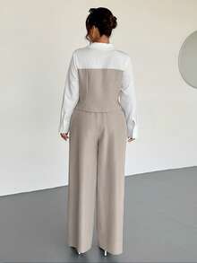 Firerie 加大码杏色仿亚麻拼布衬衫和宽松直筒西装裤两件套，休闲优雅，适合通勤、教学、返校、商务休闲办公穿着 - 彩色 - 查看 3