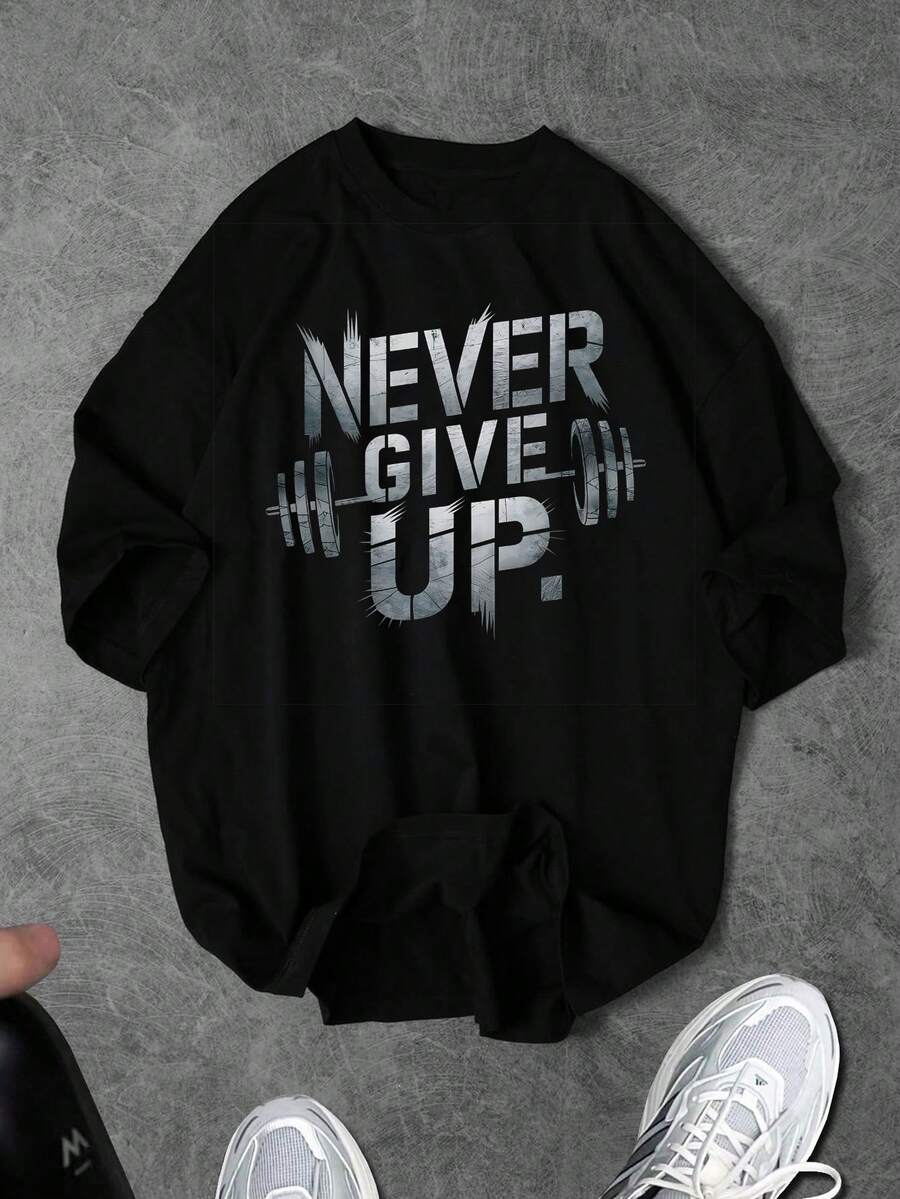 Sport MetroGents Áo thun thể thao nam cổ tròn tay ngắn in khẩu hiệu, áo thun in hình, áo tập gym nam - màu đen - Xem 1