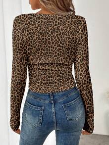 SHEIN LUNE Áo thun dài tay họa tiết da báo nâu đậm phong cách tối giản, giản dị, phong cách cổ điển, đa năng cho nữ, thích hợp mặc nhiều lớp vào mùa thu/đông - Nhiều màu - Xem 2