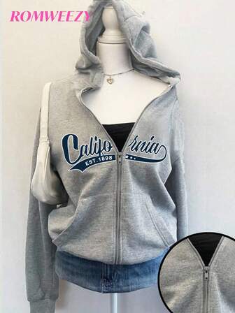 Sweetra Young Höst/vinter flickjacka med huva och dragkedja och engelskt tryck - Kontrastfärgat bokstavstryck, mixad gatustil, varmt stickat tyg lämpligt för höst/vinter, något överdimensionerad passform ger utrymme för tillväxt, energisk campus- och gatustil!