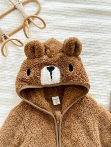 LMoss Kids LMoss 女婴 3D 耳朵设计连帽泰迪熊外套和裤子套装，毛绒面料，保暖舒适，适合秋冬季节穿着，婴儿泰迪熊套装，秋冬季婴儿套装，婴儿熊外套 - 卡其色 - 查看 3