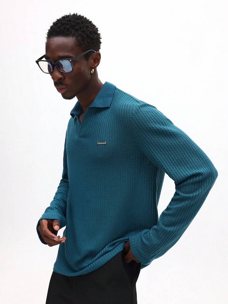 Long Sleeve Waffle Knit Polo Shirt