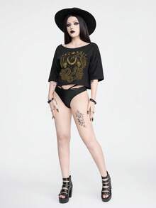 ROMWE Goth Camiseta corta de mujer con estampado floral de patrón de piel de serpiente con estrellas y luna para el verano - Negro - Ver 2