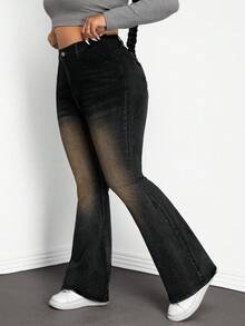 SHEIN CURVE+ 秋季大码休闲水洗猫须斜口袋喇叭牛仔裤 - 黑色 - 查看 4