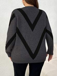 Elenzga Suéter de punto jacquard de manga larga, cuello redondo, estilizador, de moda casual para mujer de talla grande, otoño/invierno - Gris Oscuro - Ver 2