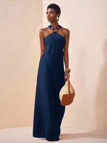 Zivah Women's Solid Color Ring Decor Halter Jumpsuit - Navy Blue - View 4
