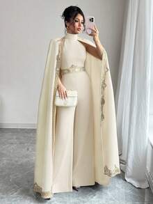 Rafferiza 女士优雅连体裤，带贴花，拼接立领斗篷设计，宽腿 - 杏色 - 查看 3