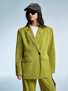 Aveloria EMERY ROSE Women's Autumn Corduroy Solid Color Loose Fit Wide Shoulder Lapel Minimalist Blazer And Wide Leg Pants Suit Set - Green - View 3