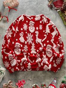 AXEPEAK 1pc Unisex Oversized Christmas All-Over Print Drop Shoulder Fluffy Sweatshirt - Red - View 2