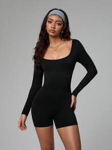 Dewbera 女式纯色交叉后背长袖休闲运动连体裤 - 黑色 - 查看 3