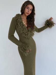 Aloruh Váy len dệt kim dáng ôm dài cổ chữ V tua rua chắp vá viền loe cho nữ vào mùa thu/đông - xanh quân đội - Xem 7