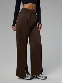 Dewbera Damen einfarbige Hose mit elastischem Bund, gerade Beine, locker geschnitten, hoher Bund, Sporthose, braune Hose, Hose mit hoher Taille, weite Beine, Hose mit Schlitz am Saum, Damenhose mit weiten Beinen