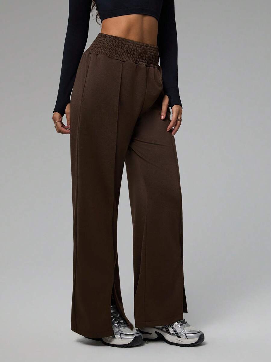 Dewbera Damen einfarbige Hose mit elastischem Bund, gerade Beine, locker geschnitten, hoher Bund, Sporthose, braune Hose, Hose mit hoher Taille, weite Beine, Hose mit Schlitz am Saum, Damenhose mit weiten Beinen