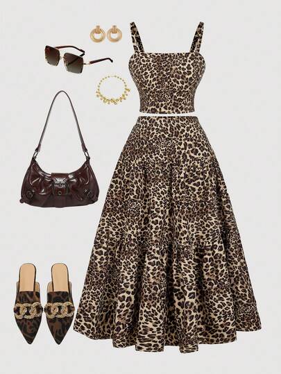 SHEIN MOD Conjunto de 2 piezas de vestido largo de mujer talla grande con estampado de leopardo, estilo bohemio con volantes multinivel en el bajo, adecuado para citas, vacaciones, picnics, ropa de playa, atuendo cómodo