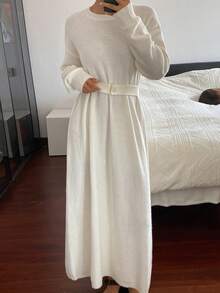 DAZY Women's Elegant Solid Color Round Neck Belted Sweater Dress, Autumn - Beige - View 5