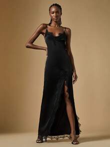 Briarwyn 女式露肩细肩带黑色蕾丝拼接高开衩下摆连衣裙 - 黑色 - 查看 6