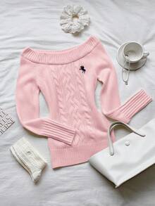 Comfortcana 女士撞色刺绣装饰露肩长袖毛衣套头衫，粉色毛衣套头衫，女士毛衣，麻花针织毛衣，秋季女装 - 粉色 - 查看 5