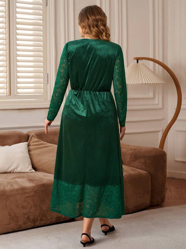 Plus Size Elegant Party Solid Color Lace Patchwork Dress Green Elegant Dress Women Party Dress  Women Dresses Autumn Winter  Christmas Clothes New Year Clothes Elegant Dress Women  Stylish Clothing Collection  Elegant Dresses For Party Elegant Party Clothes For New Year Christmas Clothes For Women  Winter Clothes For Women