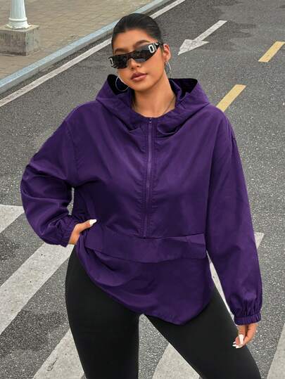 Muchica Chaqueta casual holgada de talla grande de color morado sólido con media cremallera para mujeres, ropa de otoño e invierno